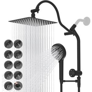 Hibbent Upgraded All Metal 10 Shower Head for Easy Reach, High Pressure Rainfall Showerhead Combo with 10-mode Handheld Spray, 12'' Extension Arm, 4-way Diverter, 71'' Hose, Showerhead Holder, Black