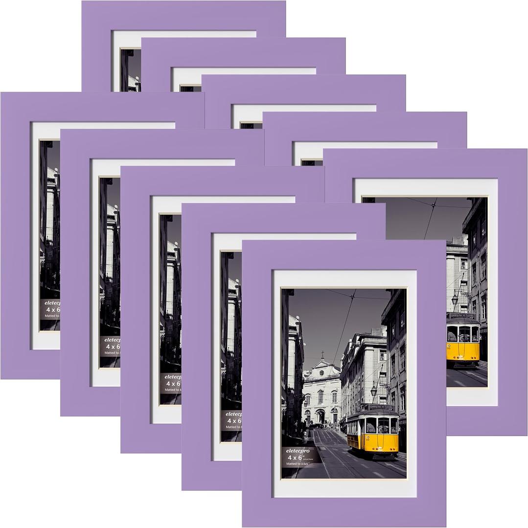 eletecpro 4x6 Picture Frames Set of 10, Picture Frame Collage Wall Decor Display 3.5x5 Photo with Mat or 4x6 without Mat, Home Decor Gallery Frame for Table Top or Wall Mounting, Purple