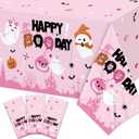 Halloween Pink Birthday Decoration Happy Boo Day Tablecloth, 3-Piece Pink Ghost Pumpkin Plastic Booday Tablecloth, Boo Day Table Cover for Halloween Birthday Baby Shower Decorations