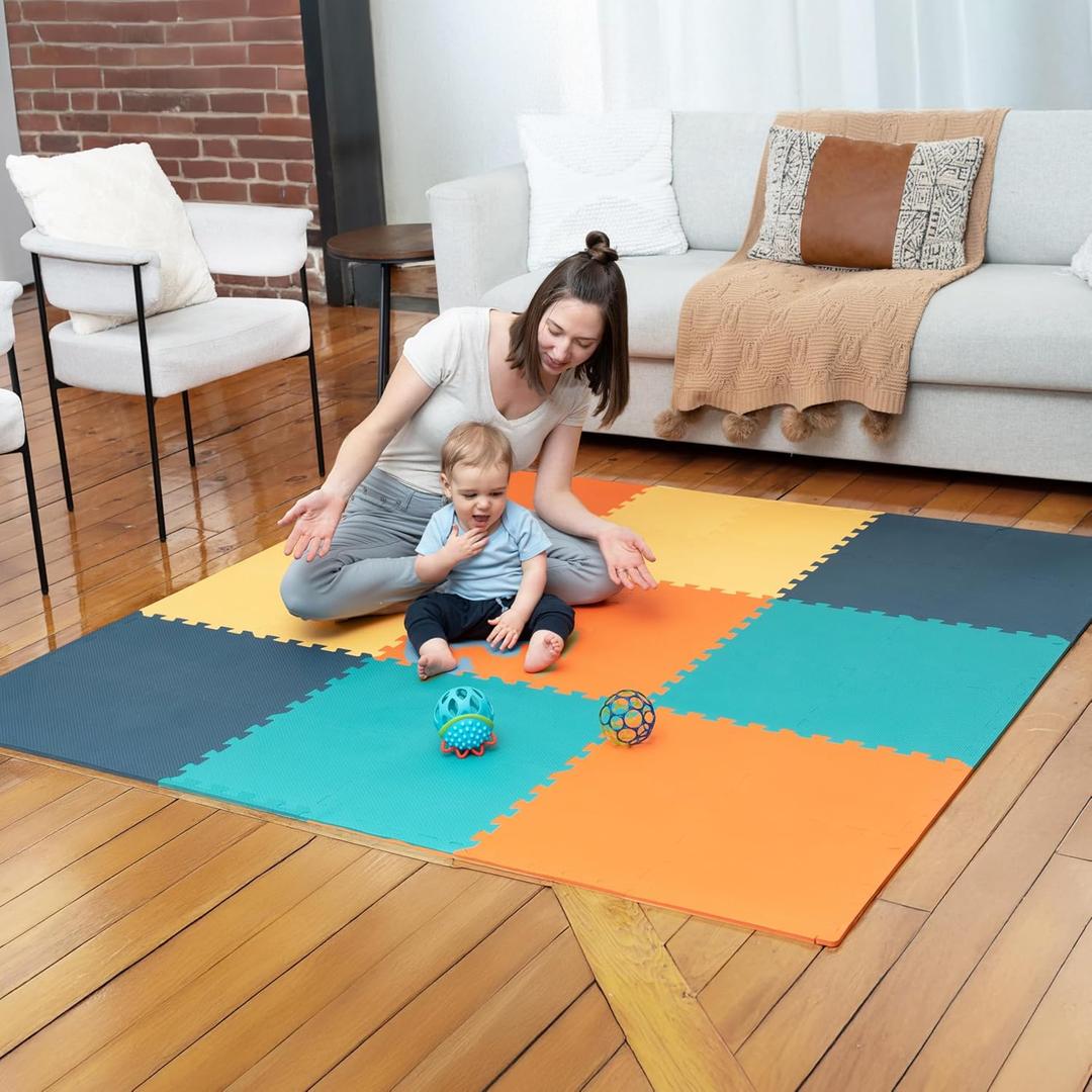 MioTetto Foam Floor Tiles for Kids - Non-Toxic Comfortable Baby Play Mat and Interlocking Foam Tiles, Fits with 74x74 Playpen Mat for Crawling & Development, Soft Play Mat for Babies 6-12 Months (Cobalt-apricot-pine-gold)