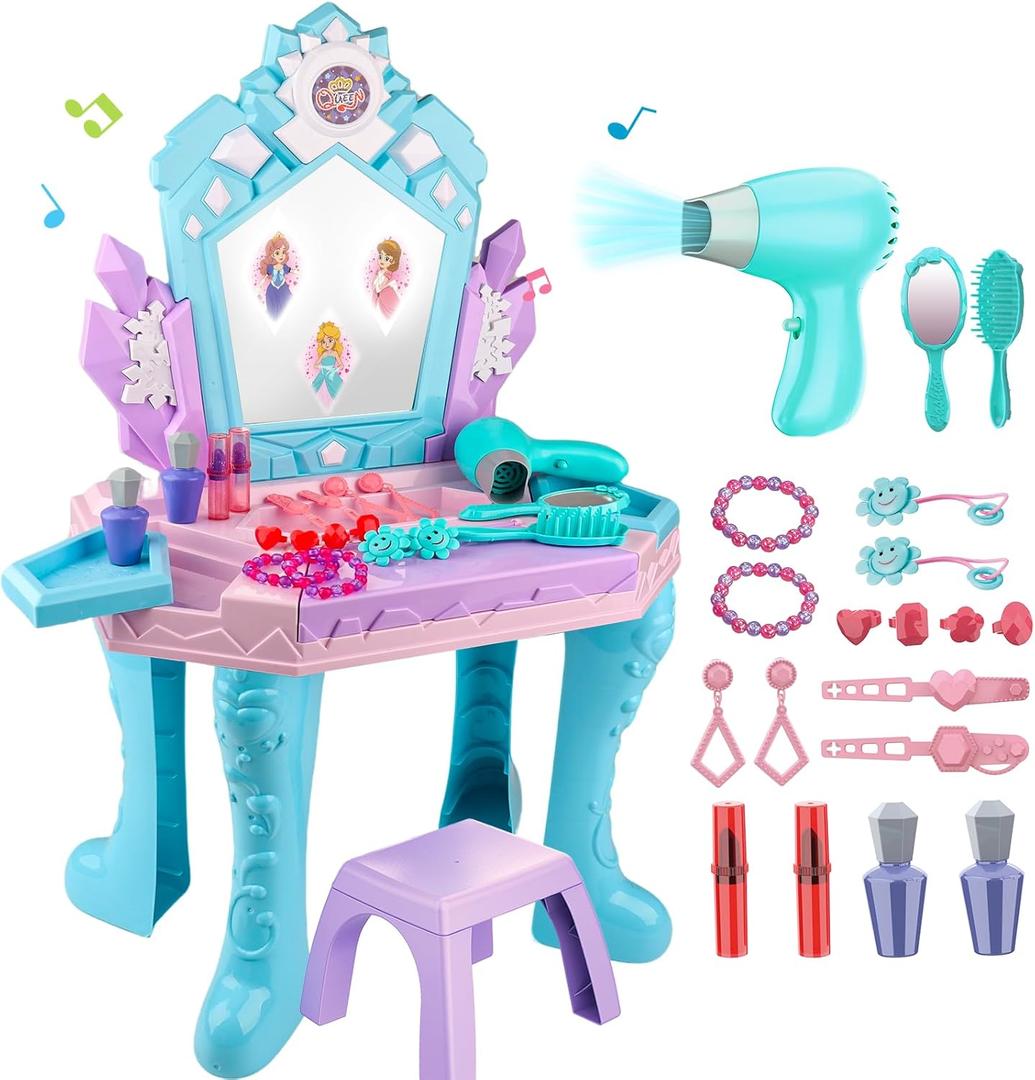 Toddler Vanity Table and Chair, Girls Magic Makeup Set with Mirror and Lights & Music, Frozen Toys for 2 3 4 5 Year Old Girls Kids Pretend Play Vanity Set Princess Dress Up Playset Gifts Ages 2-4 3-5