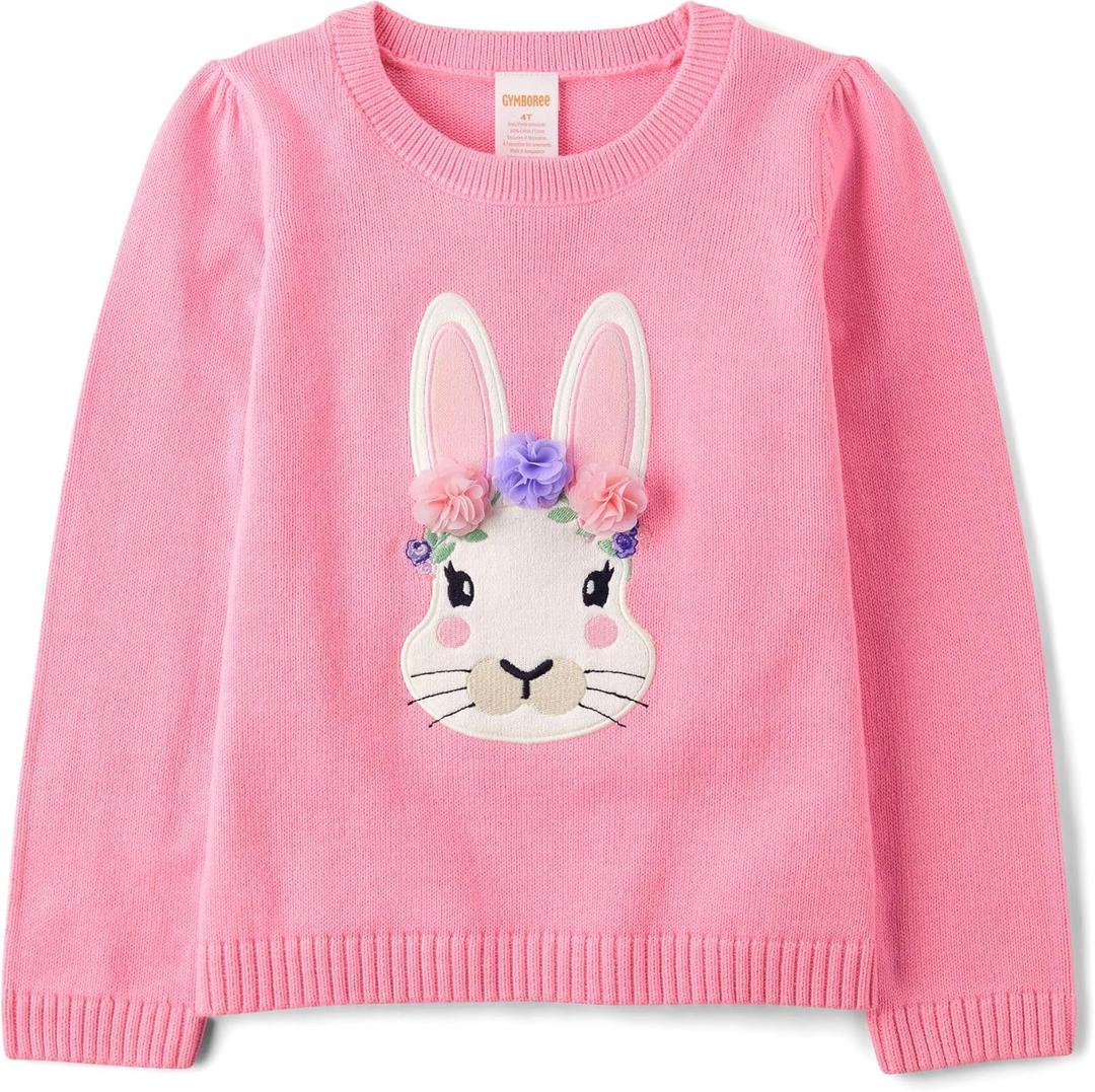 Gymboree Girls and Toddler Long Sleeve Embroidered Crew Neck Pullover Sweater (12-18 Months, Pink Bunny)
