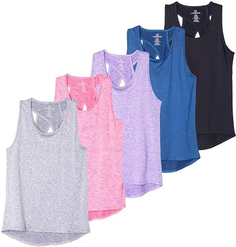 Real Essentials 5 Pack: Women's Crossback Keyhole Open Back Workout Tank Top Dry-Fit Sleeveless Yoga Gym XL