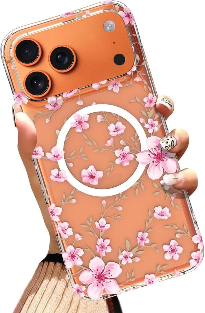 AIGOMARA Phone Case Made for iPhone 17 Pro, Pink Floral Flowers | Compatible with MagSafe, Clear Phone Cover with Pink Flowers for Women, Soft TPU and Hard PC, Shockproof Anti-Scratch