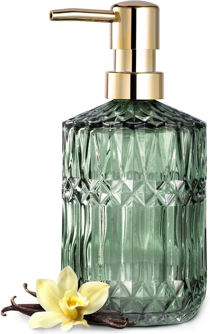 EMPO Clear Glass Soap Dispenser with ABS Plastic Pump, Crystal Lotion Dispensers for Kitchen Sink, Bathroom (Green) (Standard)