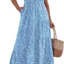 Zeagoo Women's Summer Casual Dress Flutter Short Sleeve V Neck Button Down Tiered Flowy Long Dress with Pockets (Blue White Floral) 9