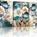 SERIMINO 3 Piece Lotus Flower Canvas Wall Art for Living Room, Blue Floral Picture Wall Decor for Dining Room Bedroom, Art Print Painting for Home Decorations 12"X16" (White and Indigo Blue Lotus)