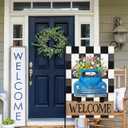 Garden Flag 12x18 Double-Sided Spring Decoration Vintage Blue Truck with Colorful Flowers, Welcome Checkered Backdrop Sign for Seasonal Yard and Outdoor Dcor