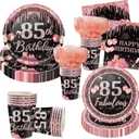 350PCS 85th Birthday Party Decorations for 50 Guests Black and Rose Gold Party Supplies for Women Include Disposable Paper Plates, Napkins, Cups, and Disposable Plastic Cutlery (85)