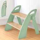 Wooden 2 Step Stool for Toddlers, Foldable 2-Step with Non-Slip Pads and Handles, Bamboo Step Stool for Kids Bathroom Sink and Potty Training, Kitchen Helper, Nursery Bedroom (Green)