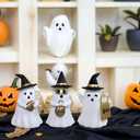 Resin Small White Ghost Figurines, 3PCS Ghosts with Witch Hats, Cute Ghost Statue for Spooky Halloween Decor, for Indoor Halloween Party Tabletop Home Shelf Decoration (Set of 3, White, Black and Gold)