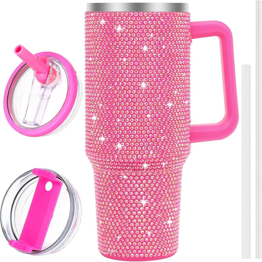 40 oz Tumbler with Handle and Flip Straw Lid, Insulated Leak Proof Double Walled Stainless Steel Rhinestone Diamond Studded Bling Travel Mug Tumblers, Maintains Cold Ice and Heat for Hours