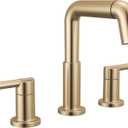 Delta Nicoli Brushed Gold Bathroom Faucet with Sprayer, 8 Inch 3 Hole Widespread Bathroom Sink Faucet with Pull Out Sprayer, Push-Pop Drain, Champagne Bronze 35849LF-CZPD