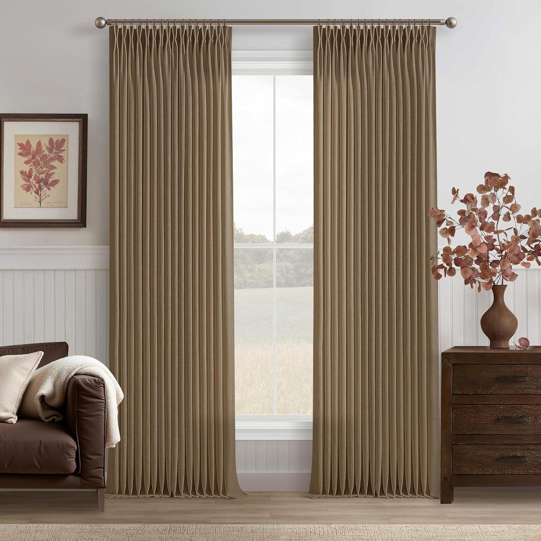 Brown Linen Pinch Pleat Curtains 96 Inches Long 2 Panels for Living Room Bedroom 8 ft Farmhouse Boho Light Filtering Back Tab Pleated Curtain Memory Trained 50 Inch Wide Semi Sheer Curtain 96 Inch