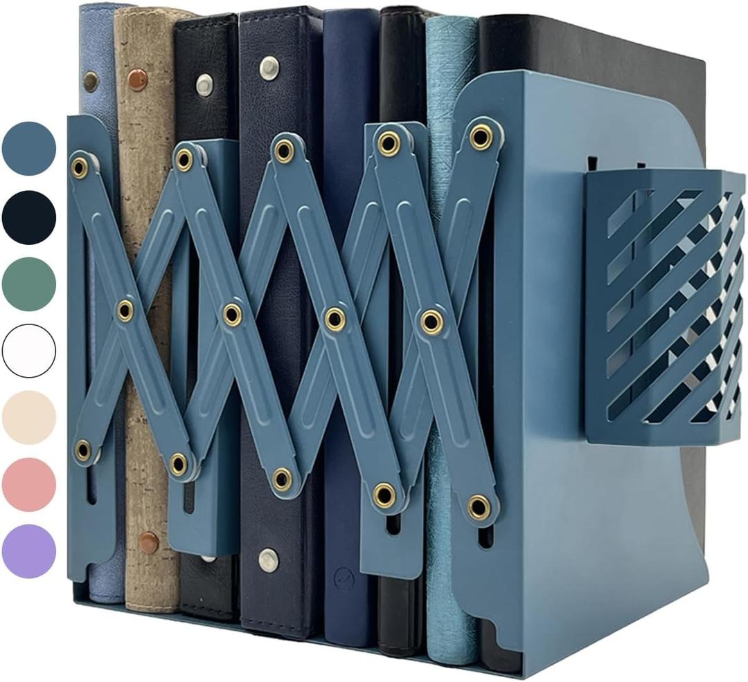 Kingsmile Book Ends, Adjustable Bookends for Shelves, Metal Bookends for Heavy Books, Book Stopper Organzier with Pen Holder for Desk, Kids Room, Office, Classroom, Library, Study Room (Blue)