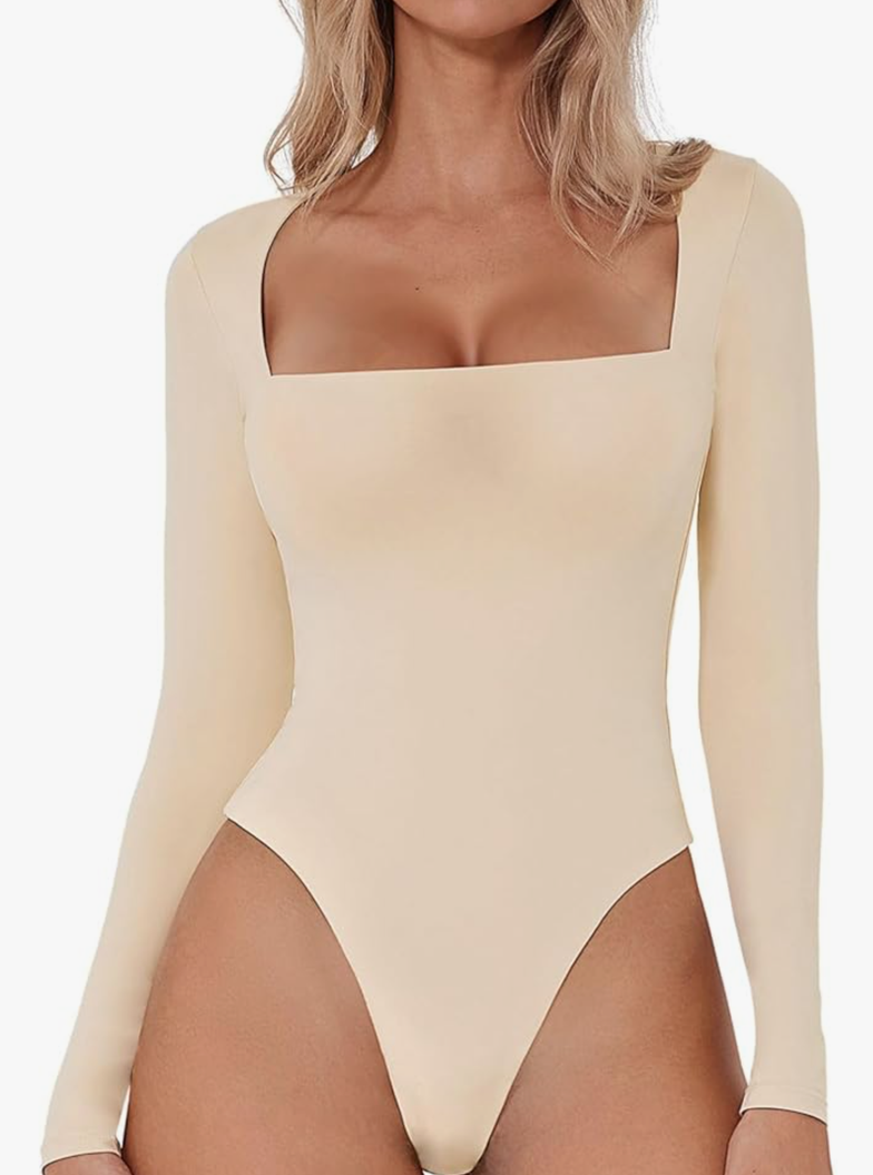 QINSEN Women's Sexy Square Neck Bodysuit Long Sleeve Double Lined Shirt Tops, Extra Large , Marzipan 