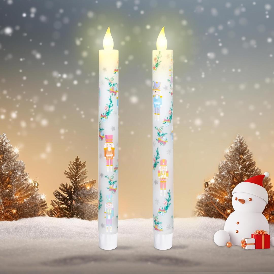Christmas Decor Flameless Taper Candles with Remote Control & Timer, Nutcracker Design LED Taper Candles, Xmas Holiday Decorations, Set of 2
