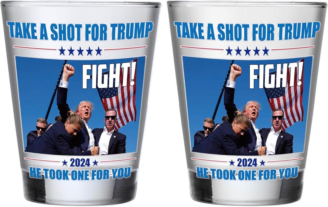 Trump Father's Day Gifts - 2 PACK Trump Shot Glass, Funny Father's Day Gifts for Dad, Husband, Brother, Trump Never Surrender Shot Glasses, Trump Fist Pump Merch, House Warming Gift