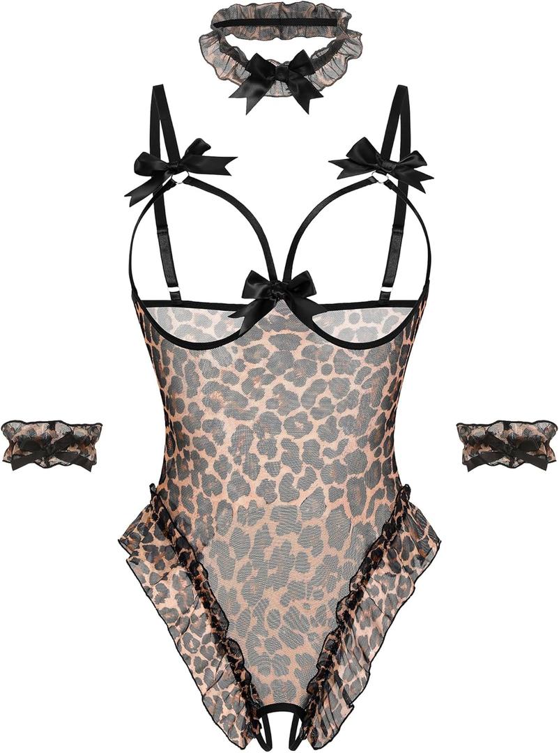 Avidlove Womens Lingerie Bodysuit 4 Piece Set Sheer Mesh Teddy Babydoll with Detachable Collar and Wrist Cuffs (Black, S)