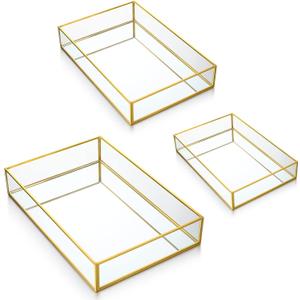 Jetec 3 Pieces Mirror Glass Vanity Tray Gold Ornate Makeup Tray Metal Vintage Octagonal Perfume Dresser Trays for Dresser Bedroom Bathroom Hotel, 3 Sizes