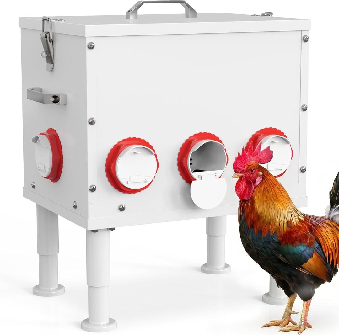 Automatic Chicken Feeder 50lbs Capacity Metal Chicken Feeder with 8 Ports No Waste Chicken Feeder Weatherproof Poultry Feeding Equipment with Handle, Locking Lid & Adjustable Legs for Outdoor