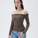 SUUKSESS Women Padded Off The Shoulder Tops Double Lined Going Out Fitted Basic Fall Shirts (Brown, M)