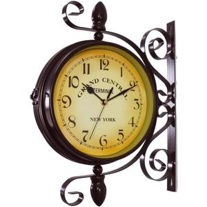 Wrought Iron Antique-Look Brown Round Wall Hanging Double Sided Two Faces Retro Station Clock Round Chandelier Clock with Scroll Wall Side Mount Home Dcor Wall Clock 8-inch
