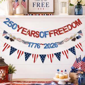 Breling 3 Pcs 4th of July Party Decoration 250th Anniversary Banner 8.2 ft Glitter Red White Blue Banner 250 Years of Freedom 1776-2026 for Independence Day Patriotic