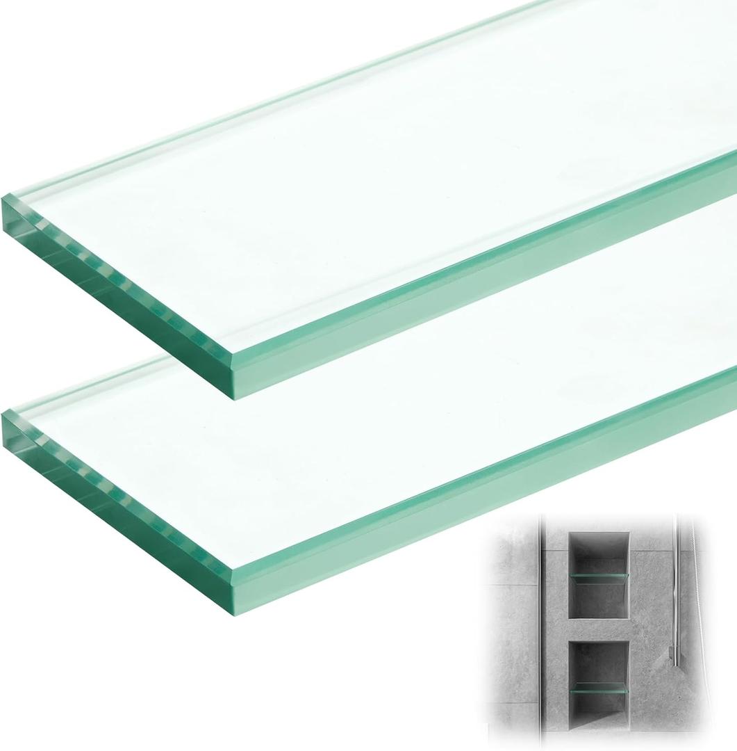 AceOrbit 2 Pcs 3-1/8 x 12-3/4 x 3/8 Inch Glass Shower Shelf for Shower Niche Break-Resistant Easy Install Clear Glass Support for DIY Storage Decor