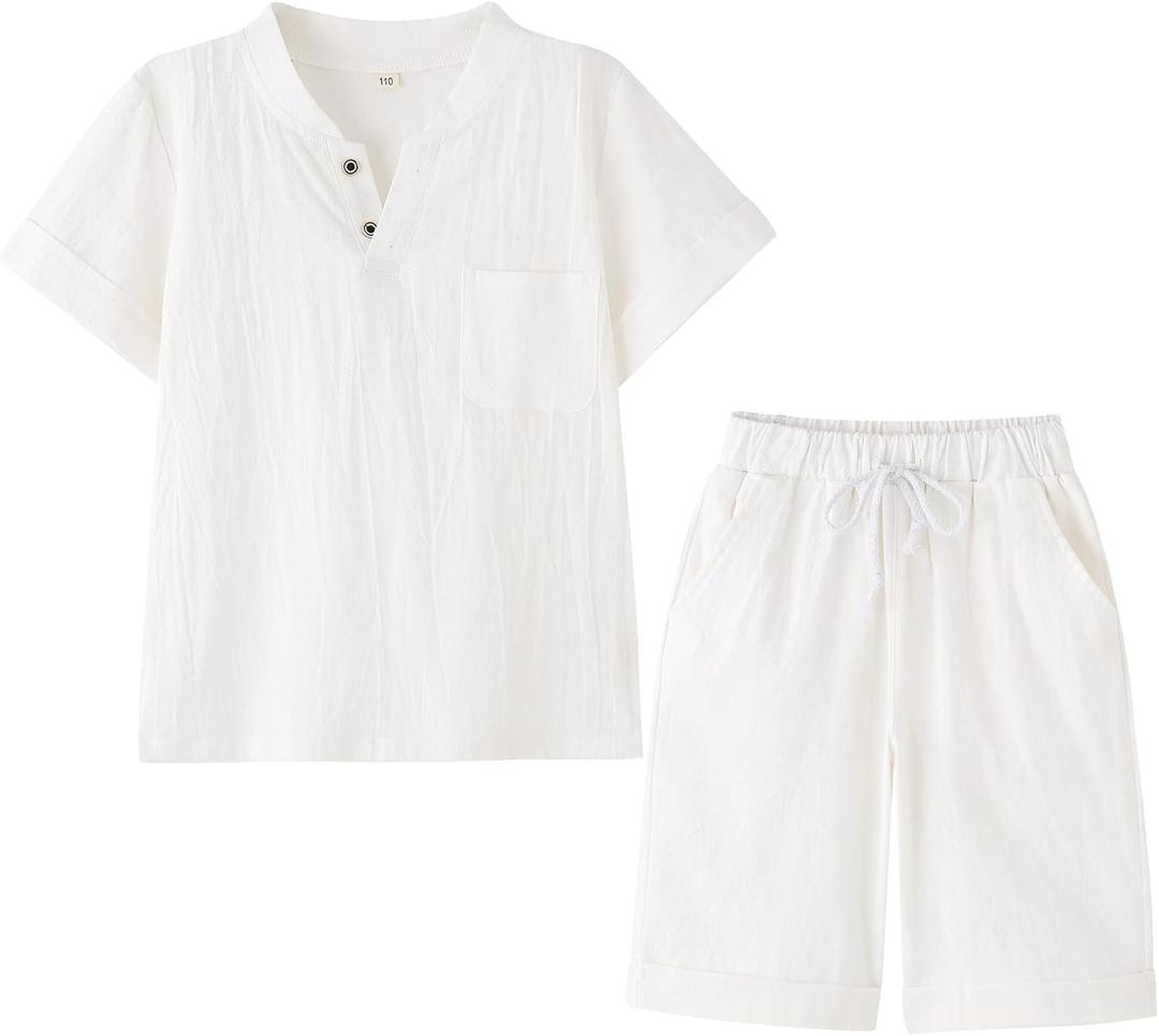 Boy's T-Shirt and Shorts Set Cotton Linen Summer Short Sleeve Children Two Pieces Clothing Pants Sets (10-12)