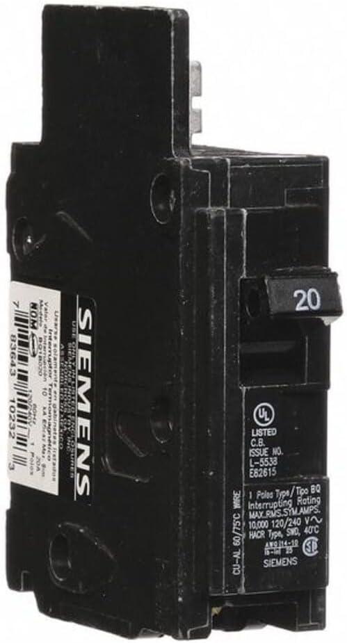 SIEMENS BQ1B020 20-Amp Single Pole 120-Volt10KAIC Lug In/Lug Out Breaker