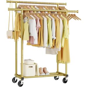 HYSEYY Double Rods Clothes Rack, Sturdy Rolling Clothing Rack, Portable Clothing Racks for Hanging Clothes - Metal Garment Rack Wardrobe Coat Rack for Bedroom Laundry Living Room, Gold
