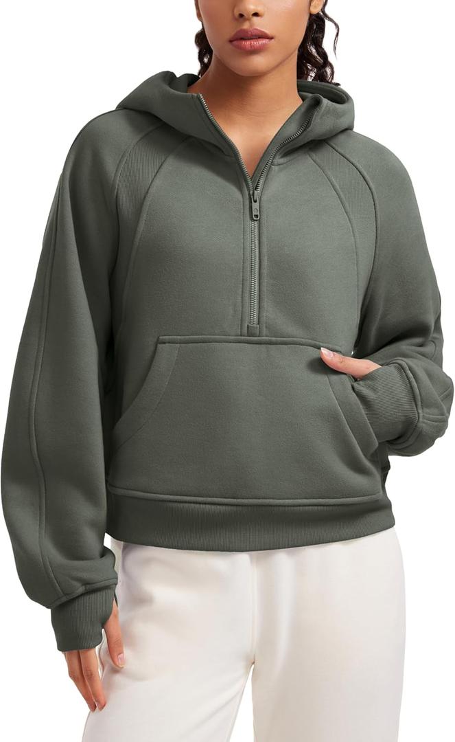 CRZ YOGA Womens Fleece Lined Half Zip Hoodies Pullover Oversized Long Sleeve Casual Workout Sweatshirts with Thumb Holes (Small, Light Army Green)