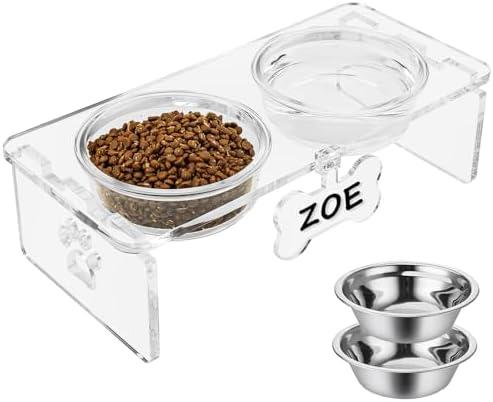 Clear Acrylic Elevated Dog Bowls with Writable Name Signs - 2×32oz Thick Glass & 2×Stainless Steel Bowls, 5.5" Height Raised Pet Feeder Stand, Food and Water Bowl Set for Medium Dogs