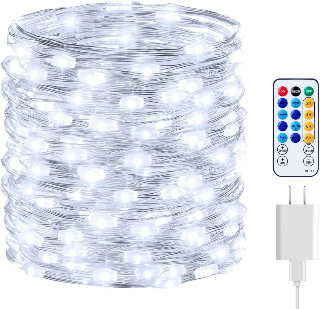 Minetom Fairy Lights with Remote, 66 Feet 200 Led Firefly String Lights Plug in for Bedroom Home Wall Ceiling Christmas Tree Wreath Craft Wedding Party Indoor Outdoor Decoration, Pure White