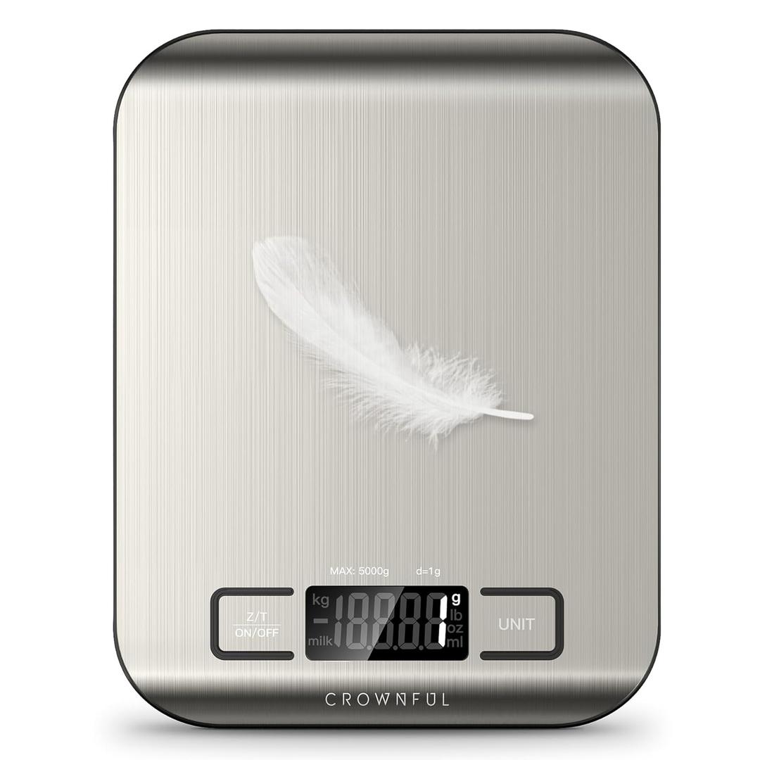 CROWNFUL Food Scale, 11 lb Digital Kitchen Scales with Built-in Coin Battery, Weight Ounces and Grams for Cooking and Baking, 6 Units with Tare Function, LCD Display, 304 Stainless Steel (Silver)
