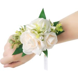 2 Pcs Artificial Flower Wrist Corsage Set, Elastic Wristlet for Prom Wedding Bridesmaid Homecoming Party Anniversary Decoration (Wht-White & Ivory)