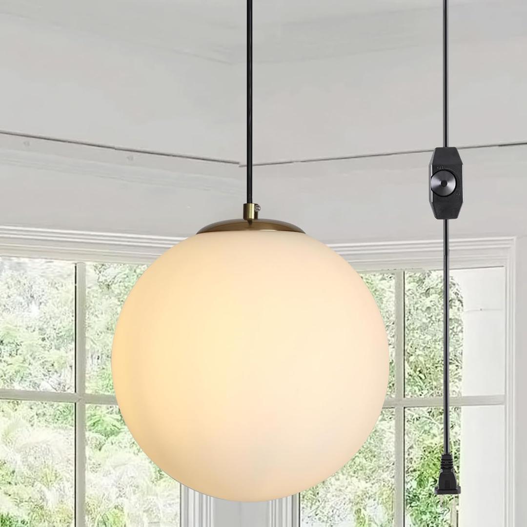 Gold Plug-in Pendant Lights - Mid Century Globe Light Fixture with Milk Glass, Modern Ceiling Chandelier, Large Hanging Pendant Light for Kitchen, Bedroom, Living Room, Dinning Room, Hallway