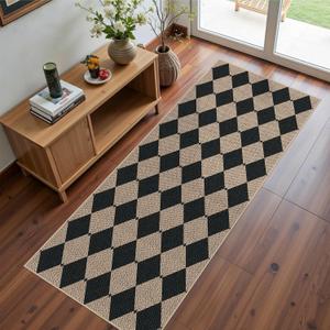 Easy Jute Runner Rug 2x5, Black Indoor Outdoor Carpet, Washable Non-Slip Floor Mat for Entryway Hallway Kitchen Porch
