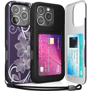 TORU for iPhone 16 Pro Wallet Case with Card Holder, Hidden ID Credit Card Slot Flip Kickstand, Slim Fit Shockproof Heavy Duty Phone Cover with Strap - Floral Pattern Flowers