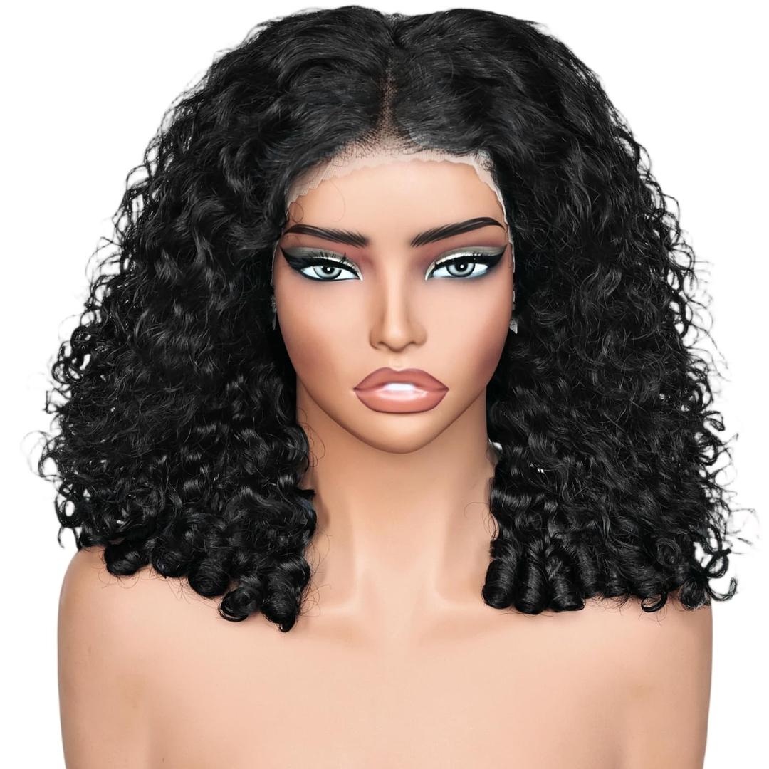 Bouncy Curly Wig Human Hair with Spiral End, 13x4 Lace Frontal Burmese Curly Bob Wigs, Water Wave Brazilian Pre Plucked Wigs for Black Women Natural Color 16 Inch