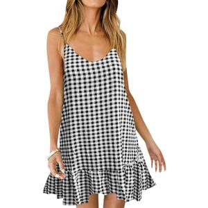Qearal Womens Sundresses Boho Floral Printed Dress Summer Sleeveless Beach Mini Dress with Pockets (Plaid, Large)