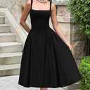 Mieazom Women's Summer Mock Knot Front Maxi Dress Sleeveless Square Neck Corset Ruched Waist Emipre Flowly Casual Dresses, Small, Black