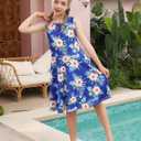 Ahegao Girl's Floral Sleeveless Dresses Kids One Piece Sundress for Casual School 4-13 Years Old (9-10 Years, Blue Pink Green)