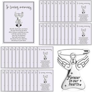 Inbagi 50 Set Funeral Memorial Pins Angel Charm Keepsakes Memorial Message Charms Pendant with Card in Loving Memory Cards with Safety Pins for Guests Mourning Brooch Sympathy Gifts