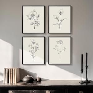 Framed Black and White Floral Wall Art, 4 Piece Vintage Gray Botanical Canvas Prints Painting Artwork, Minimalist Neutral Flower Pictures for Farmhouse Bedroom Living Room Bathroom Home Decor, 11x14