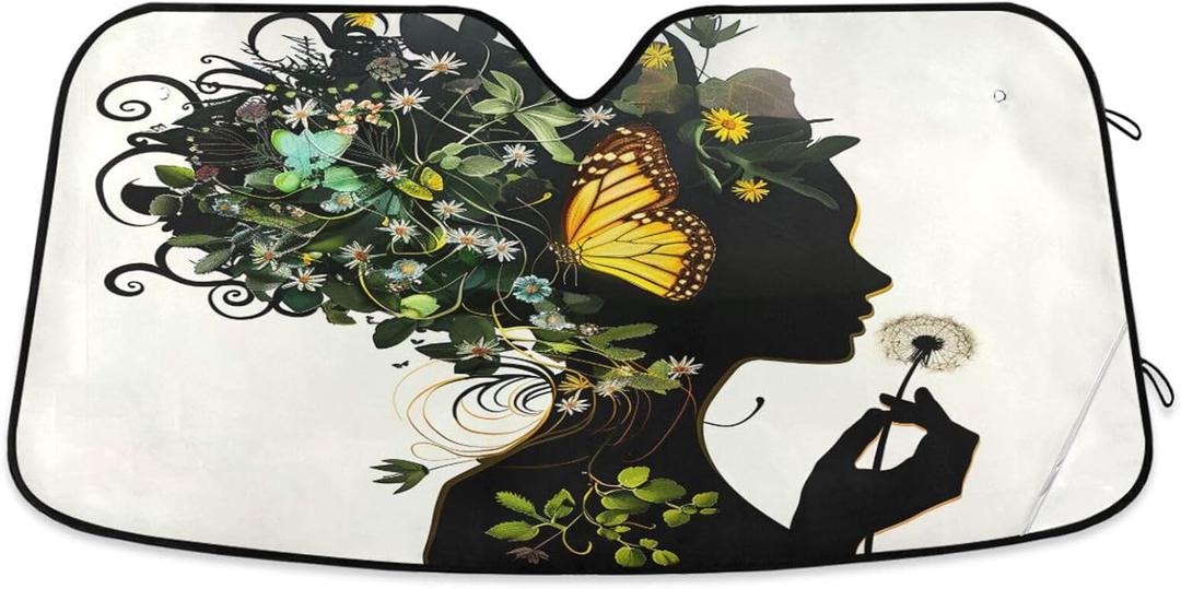 Black Afro Girl Butterfly Flowers Car Windshield Sun Shade African American Woman Sunshade Block UV Rays Protector Keep Your Vehicle Cool Sun Shield Visor Cover Foldable for Car Truck SUV S