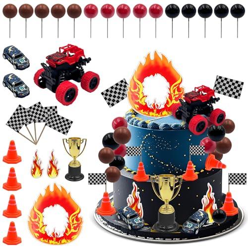 Firleayo Truck Cake Decorations Race Car Themed Cake Toppers Truck Cupcake Toppers Flame Cupcake Topper for Boy Men Birthday Baby Shower Party Supplies