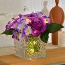 Fule Artificial Silk Rose Flower Centerpiece Arrangement in Glass Vase with LED Light for Home Wedding Decoration (Light Purple)
