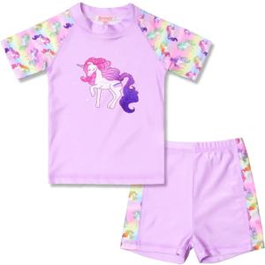 QPANCY Rash Guard for Girls Swimwear 2-Piece Mermaid Unicorn Swimsuit UPF 50+ UV 4-5T, Unicorn Purple